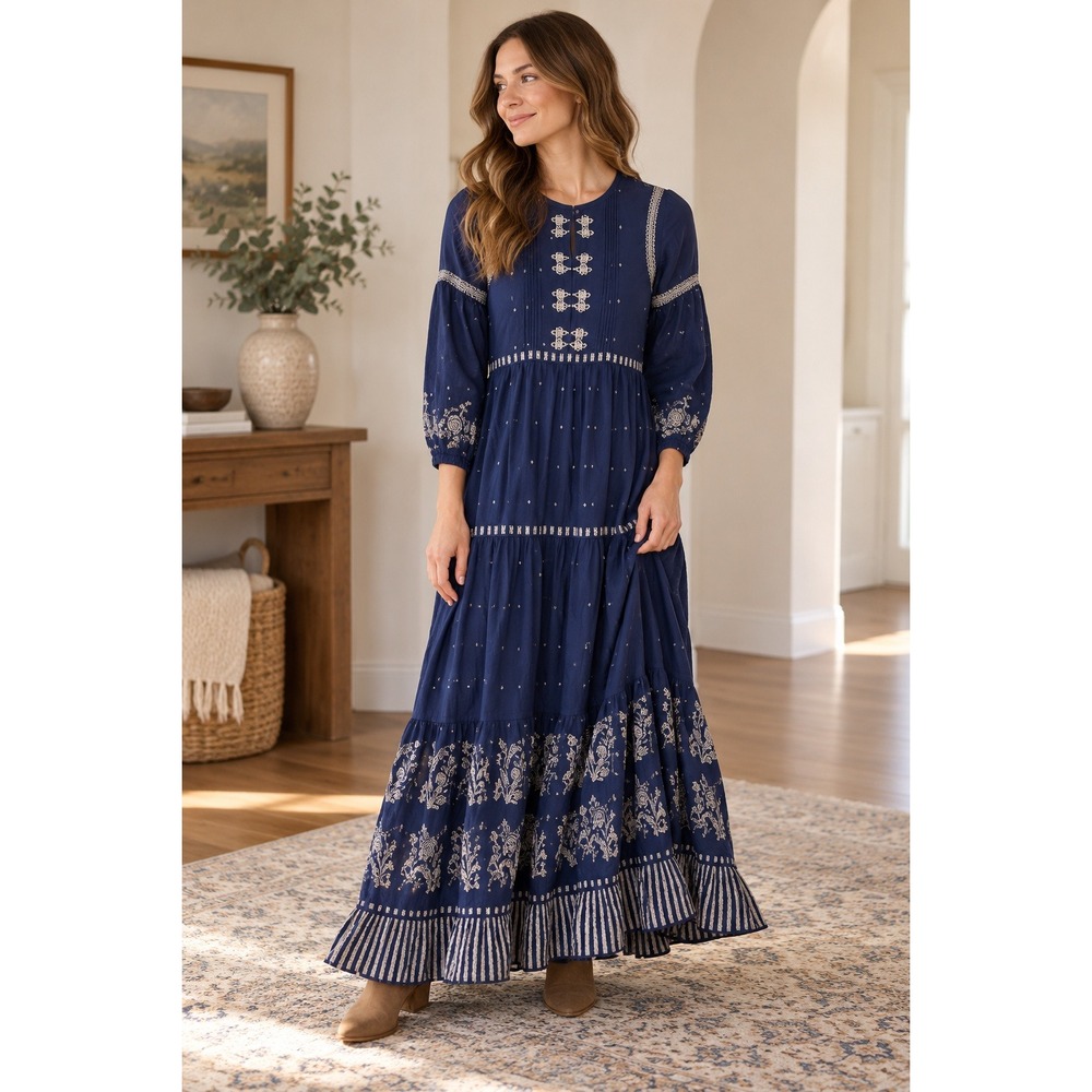 W for Woman Navy Blue Round Neck Kurta Tiered Embroidered Maxi Dress Size 8